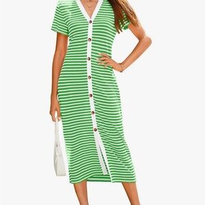 Green and White Striped Button-Down Dress